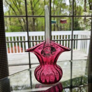 VTG Rossi Studio Art Glass Cranberry Basket Vase Clear Rope Handle Chalet Canada